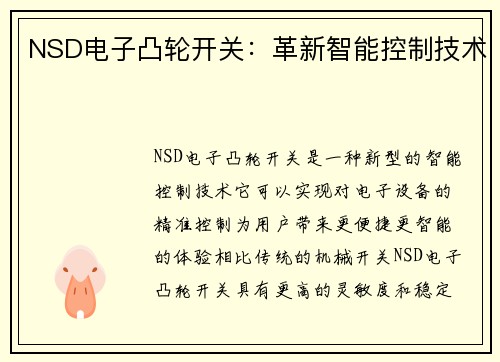NSD电子凸轮开关:革新智能控制技术 NSD电子凸轮开关:革新智能控制技术